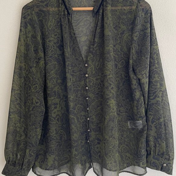 ZARA Forest Green & Black Print Lightweight Button Down Blouse: NWOT! Medium - Picture 4 of 7